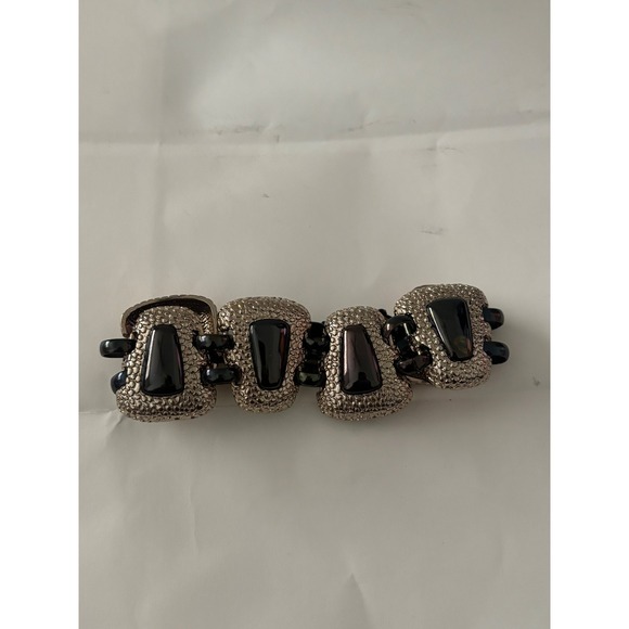 Monet Jewelry - Monet Textured Silver-Tone Statement Bracelet Glossy Black Cabochons